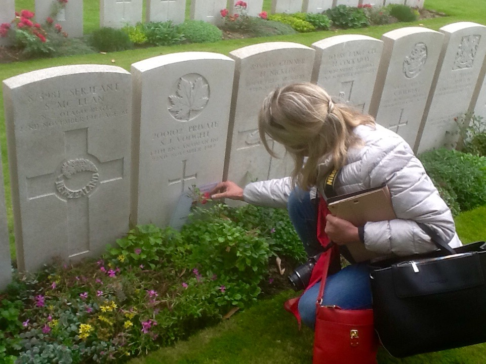 Oak Bay Archivist Caroline Duncan visiting WWI cemeteries in France and Belgium, Sep 2018.