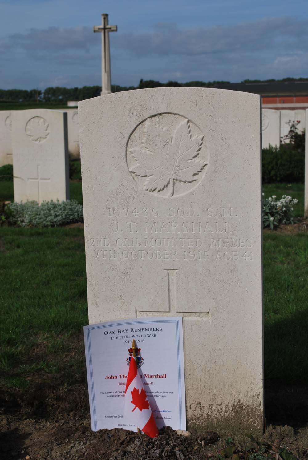 Memorial to Squadron Serjeant Major John Thornton Marshall, Ridge Wood Military Cemetery, Belgium (Photo: C. Duncan, 2018)