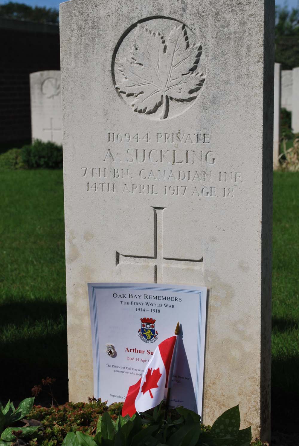 Memorial to Private Arthur Suckling, Bois-Carre British Cemetery, France (Photo: C. Duncan, 2018)