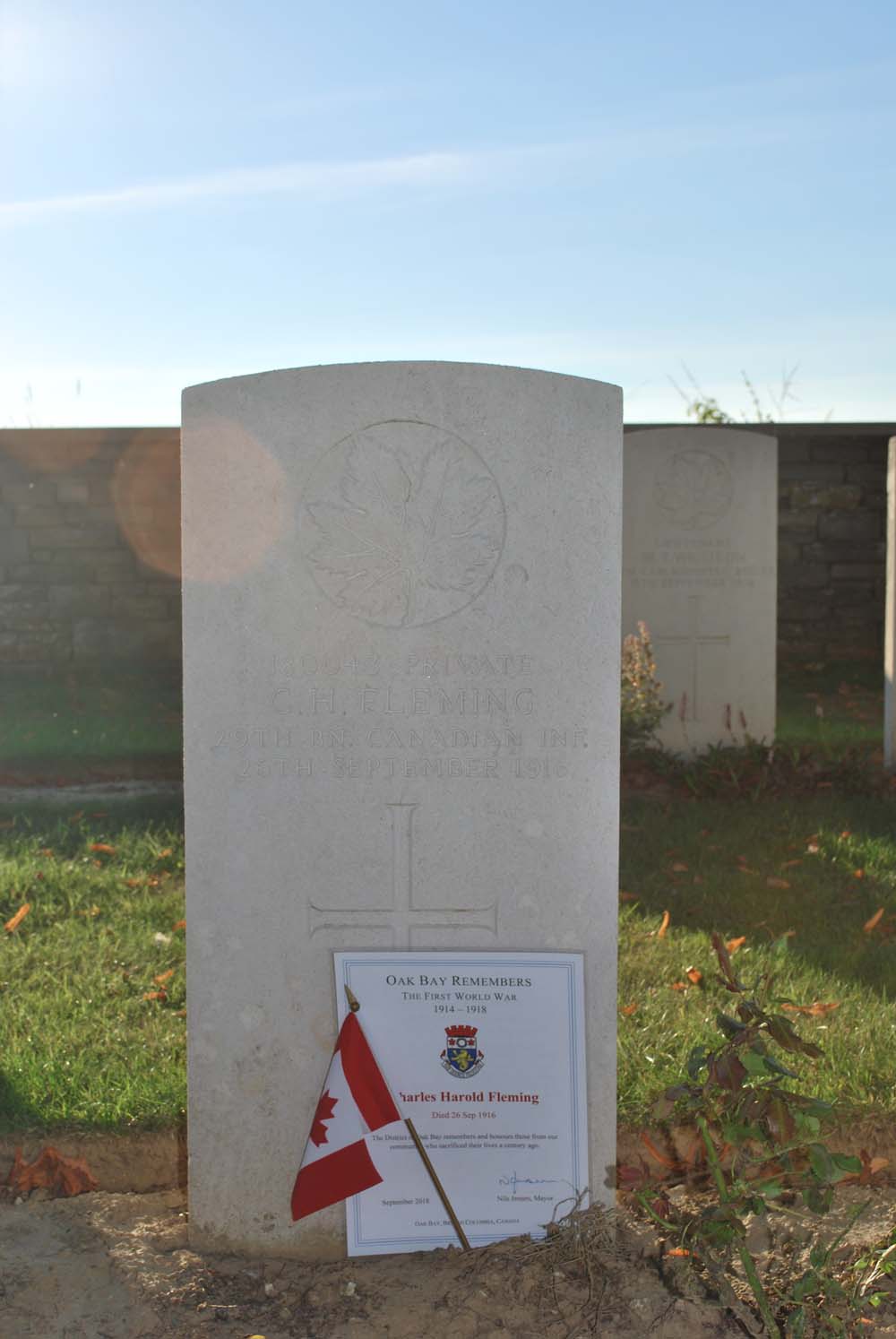 Memorial to Private Charles Harold Fleming, Courcelette British Cemetery, France (Photo: C. Duncan, 2018)