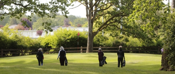 Four golfers walking on a green golf course.