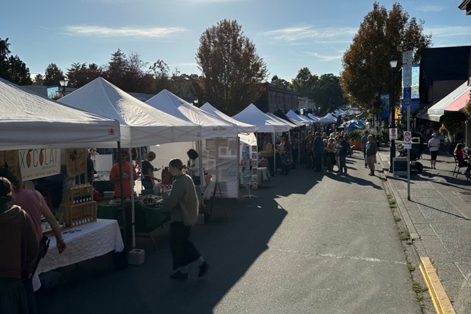 Vendor stalls line Oak Bay Avenue for the annual Summer Night Market, while community members browse various artisan goods.