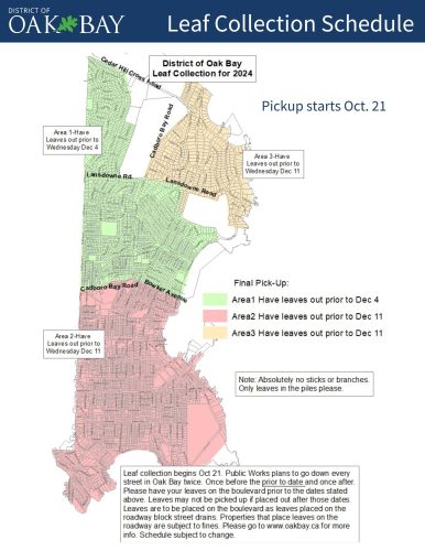 A map outlining zones for Oak Bay leaf collection in Fall 2024.